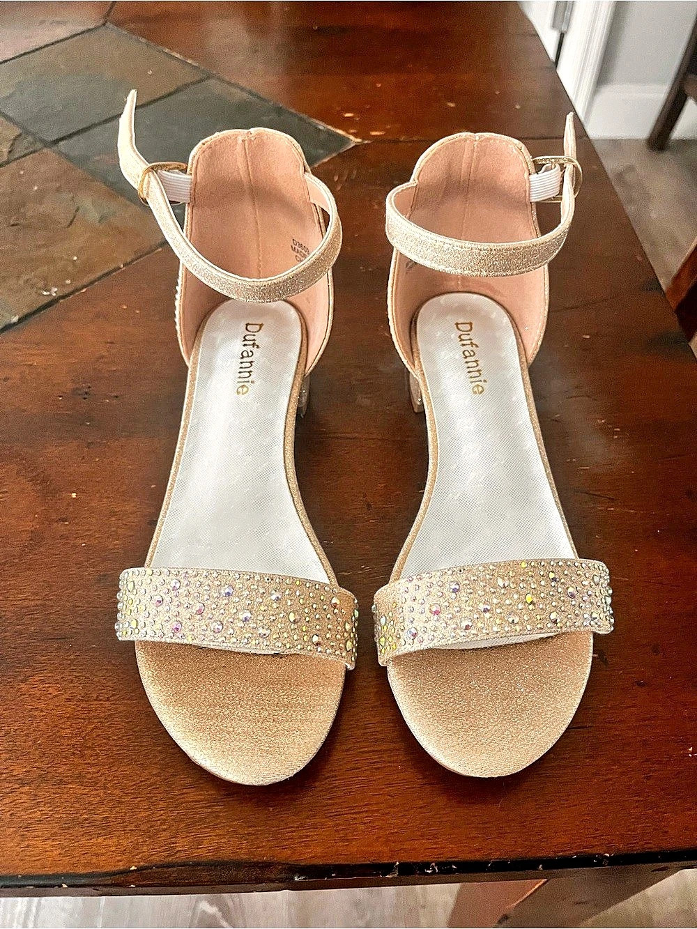 Dufannie Rhinestone Ankle Strap Heels in Rose Gold